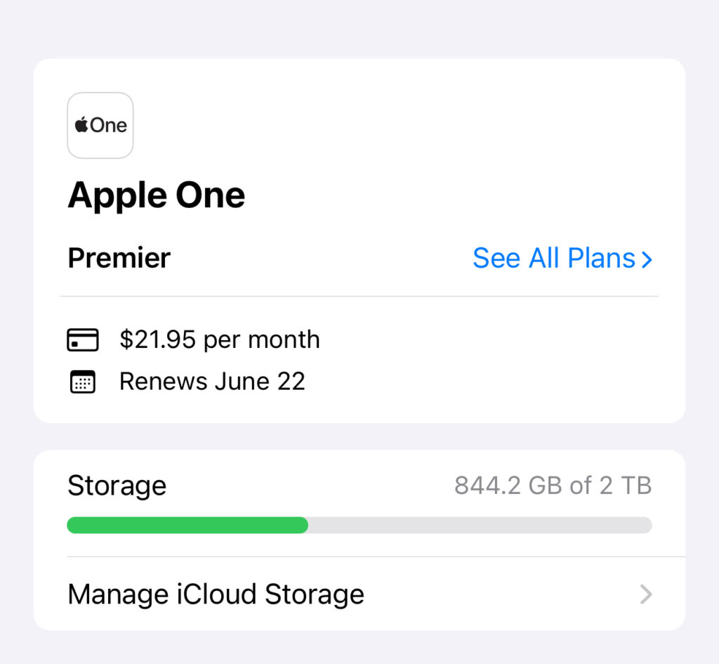 Apple One subscription showing reduced monthly renewal price after Chase Sapphire credit applied