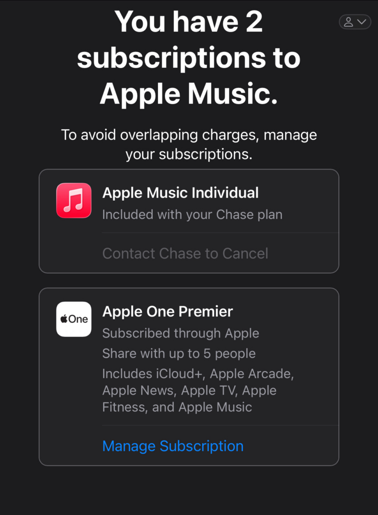 Apple notification warning of multiple subscriptions to the same service during Chase Sapphire activation