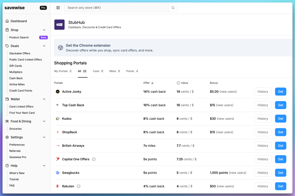 Stubhub Shopping Portal Deals aggregated on savewise 