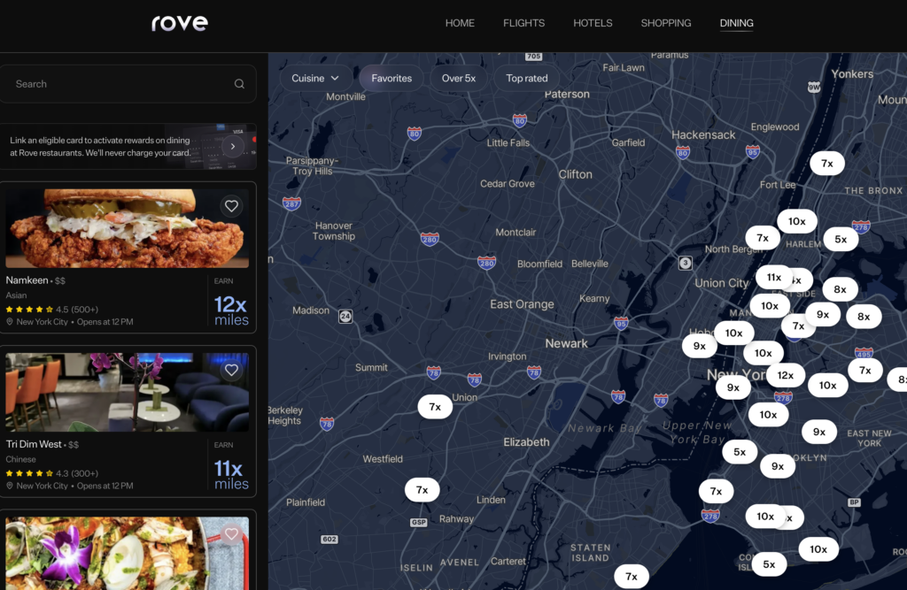 Rove app showing dining earn multipliers in New York City