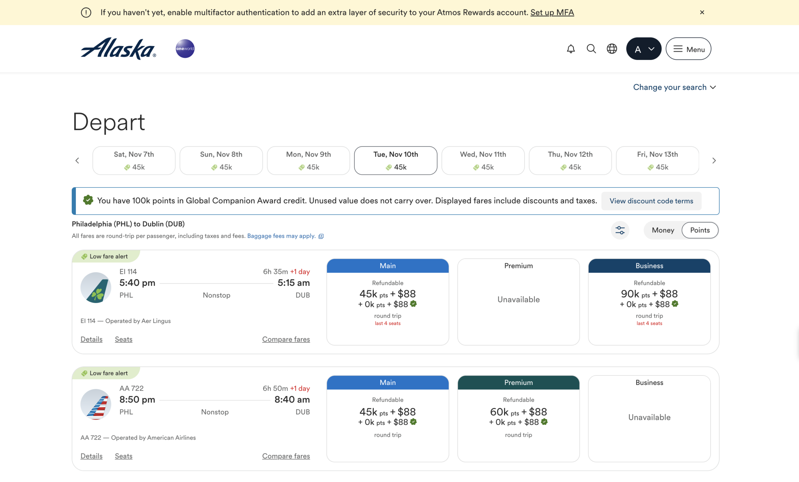 Alaska Airlines search results for Philadelphia to Dublin with the 100K Global Companion Award applied