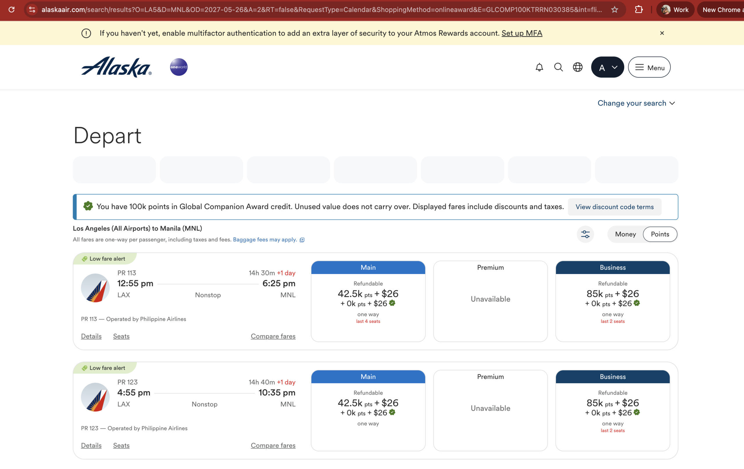 Alaska Airlines search results for Los Angeles to Manila with the 100K Global Companion Award applied