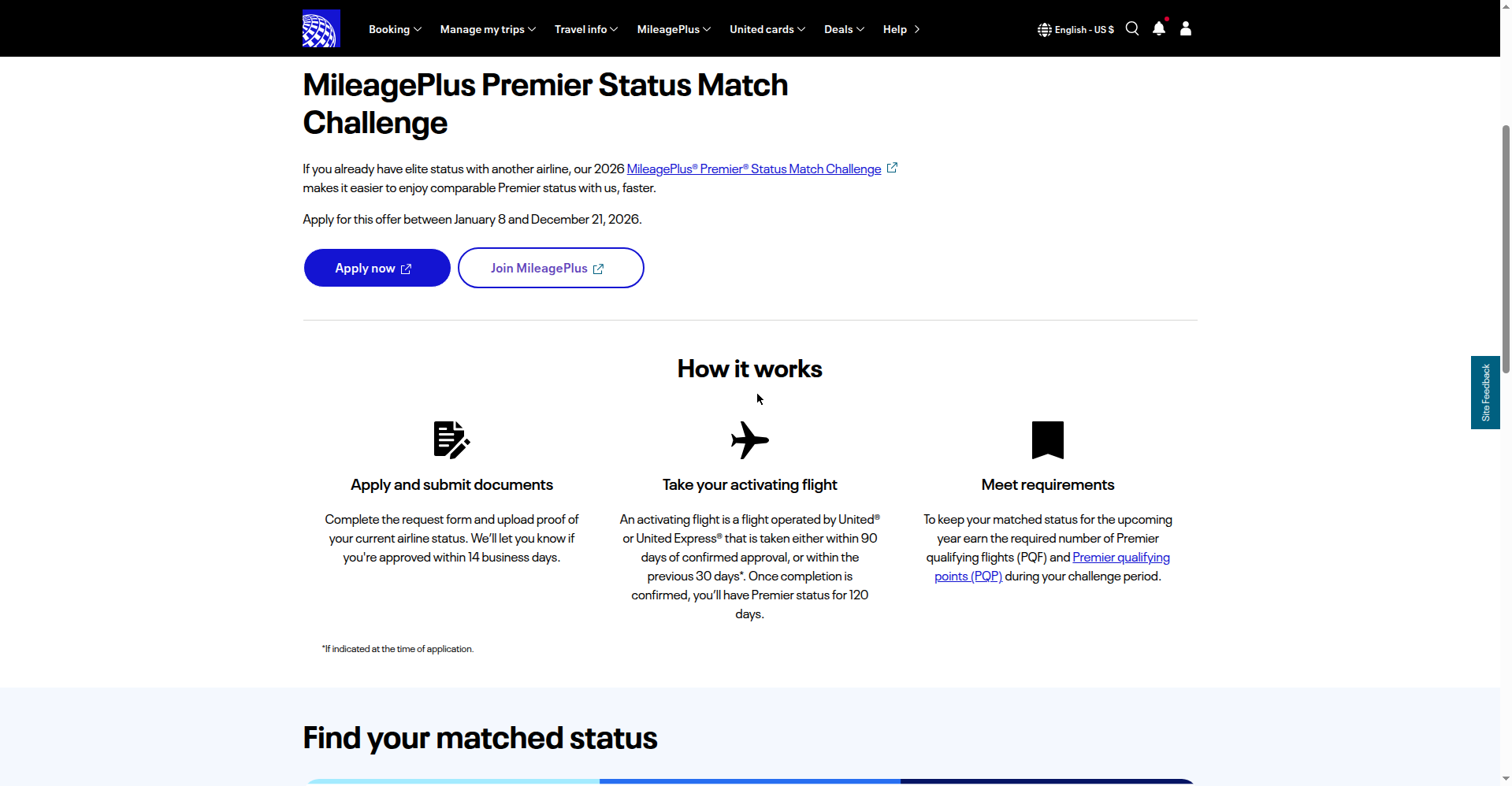 Screenshot of United's Premier Status Match Challenge how-it-works section