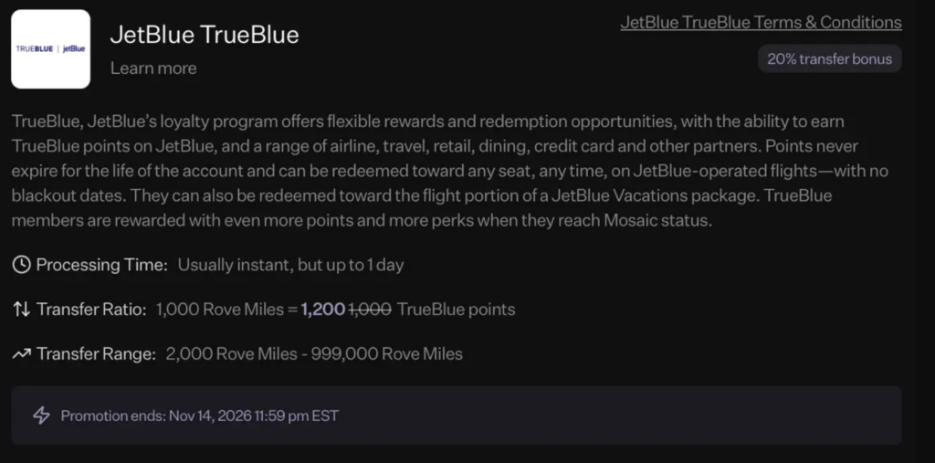 Rove app showing JetBlue TrueBlue transfer terms, 20 percent bonus