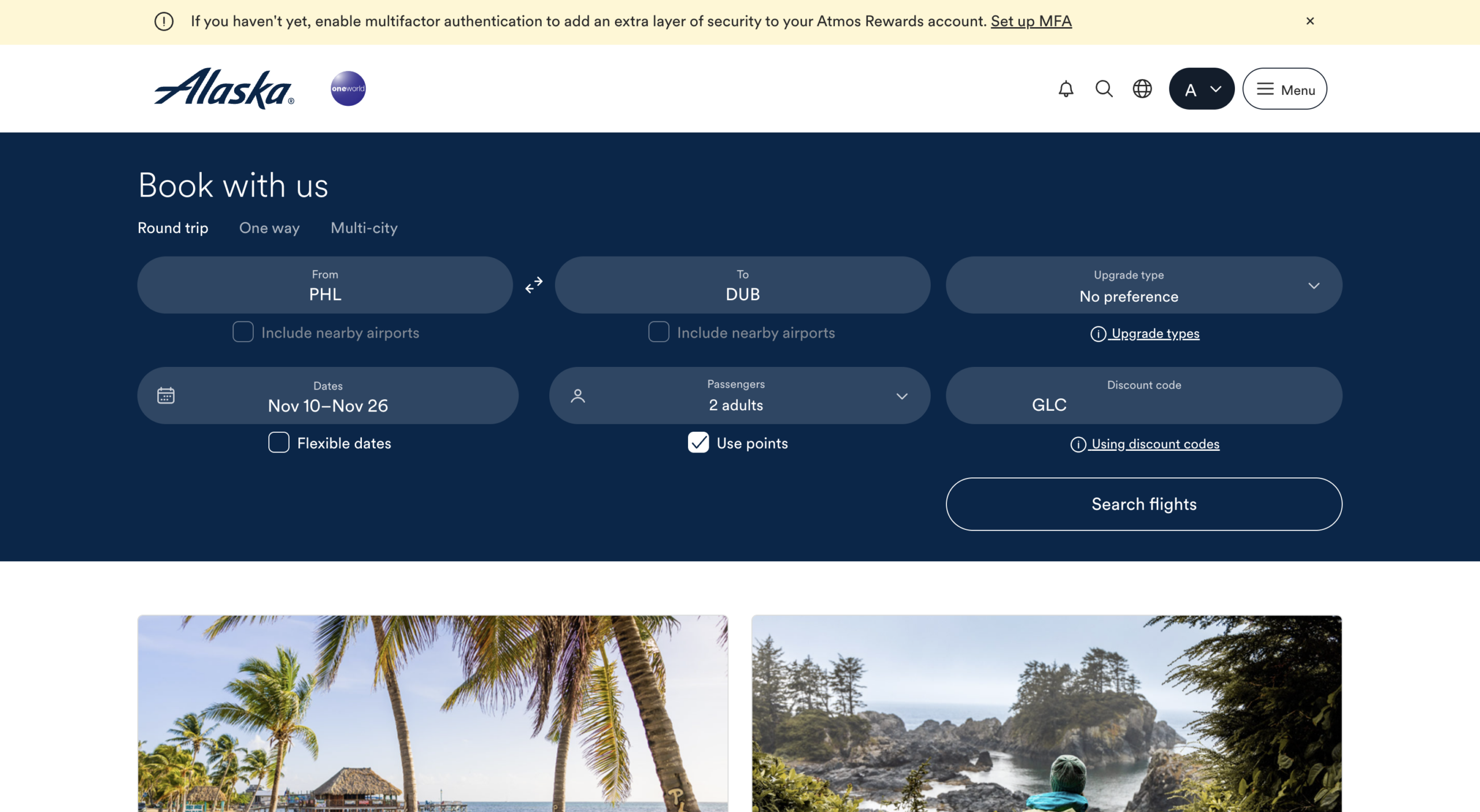 Alaska Airlines award search page for Philadelphia to Dublin showing the Discount code field