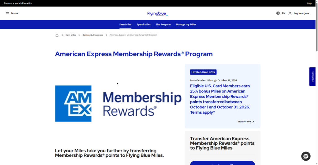 Amex Membership Rewards 25% transfer bonus to Flying Blue, October 2026