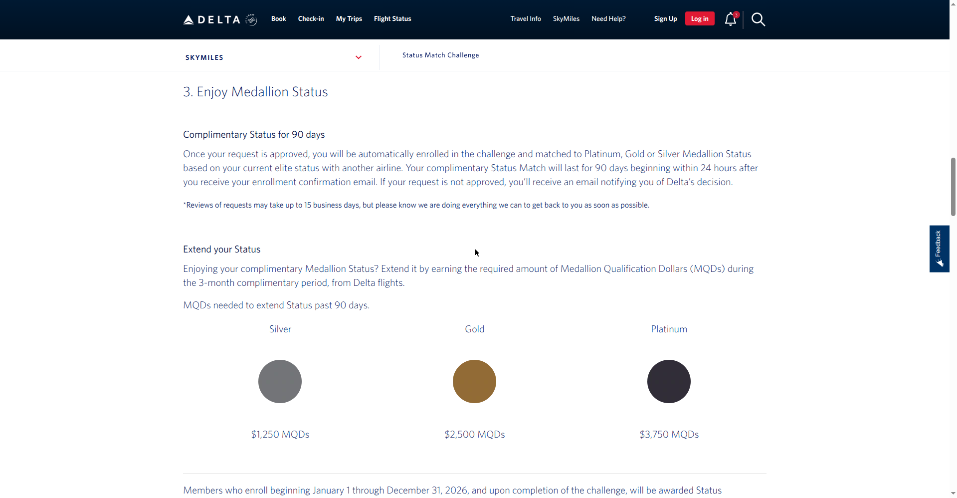 Screenshot of Delta's MQD thresholds to extend matched Medallion status