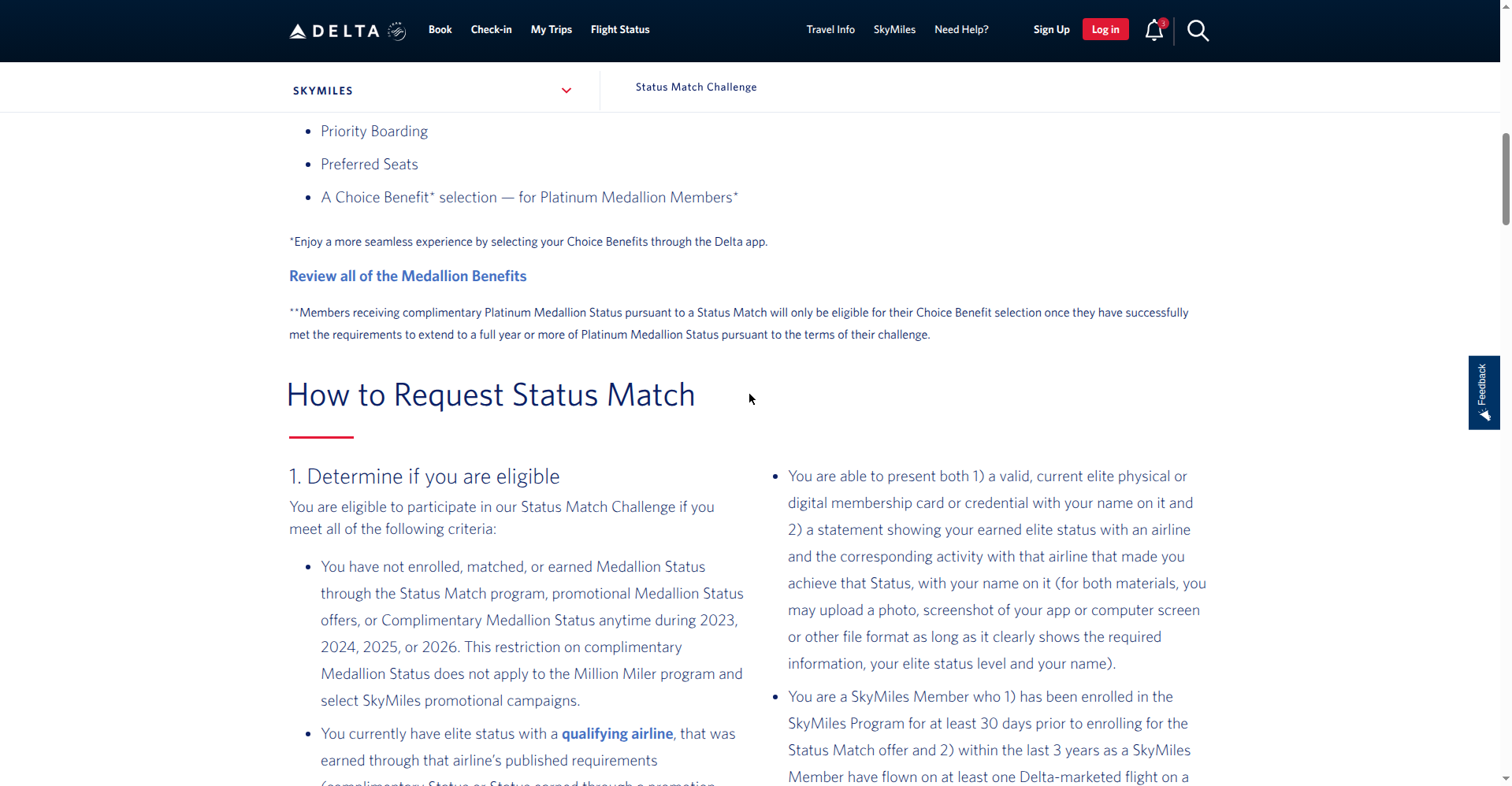 Screenshot of Delta's status match eligibility criteria