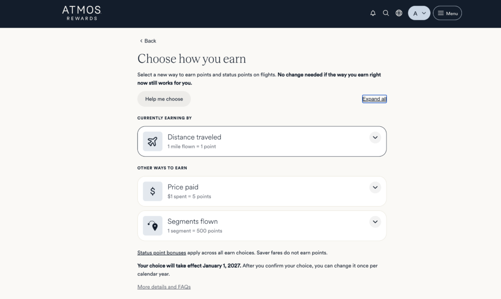 Atmos Rewards Choose how you earn selection screen