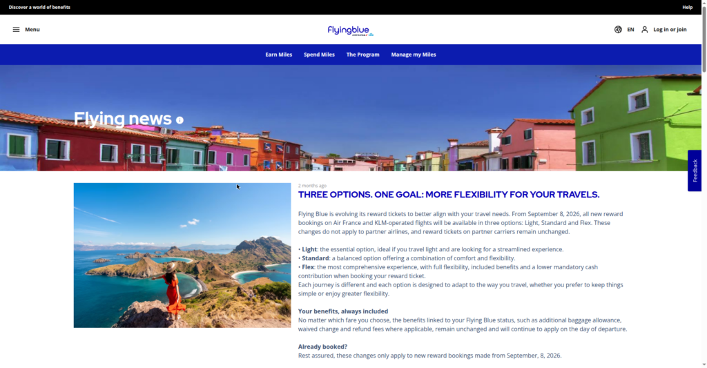 Flying Blue business class award to Paris showing Light, Standard and Flex fare options
