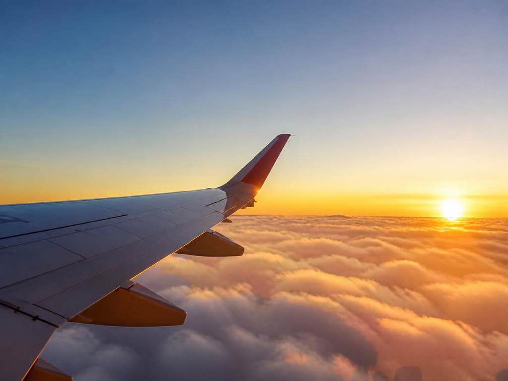 Airplane wing over sunset clouds, cover for the fuel surcharges on award flights guide