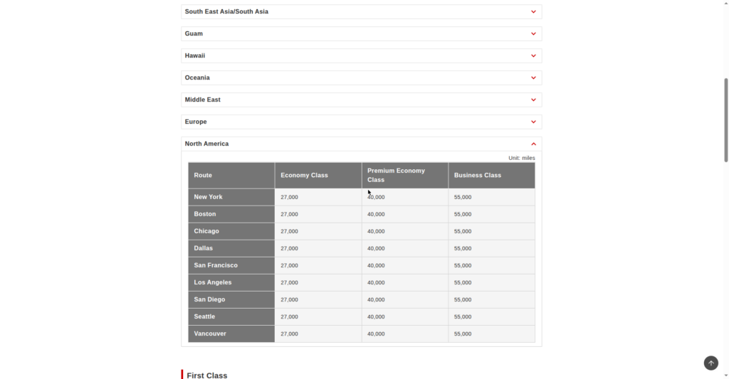 JAL Mileage Bank award chart for North America to Japan