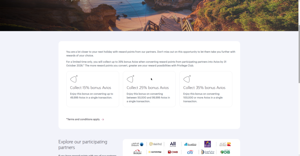 Qatar Airways Privilege Club promotion: up to 35% bonus Avios on Citi ThankYou transfers, October 2026