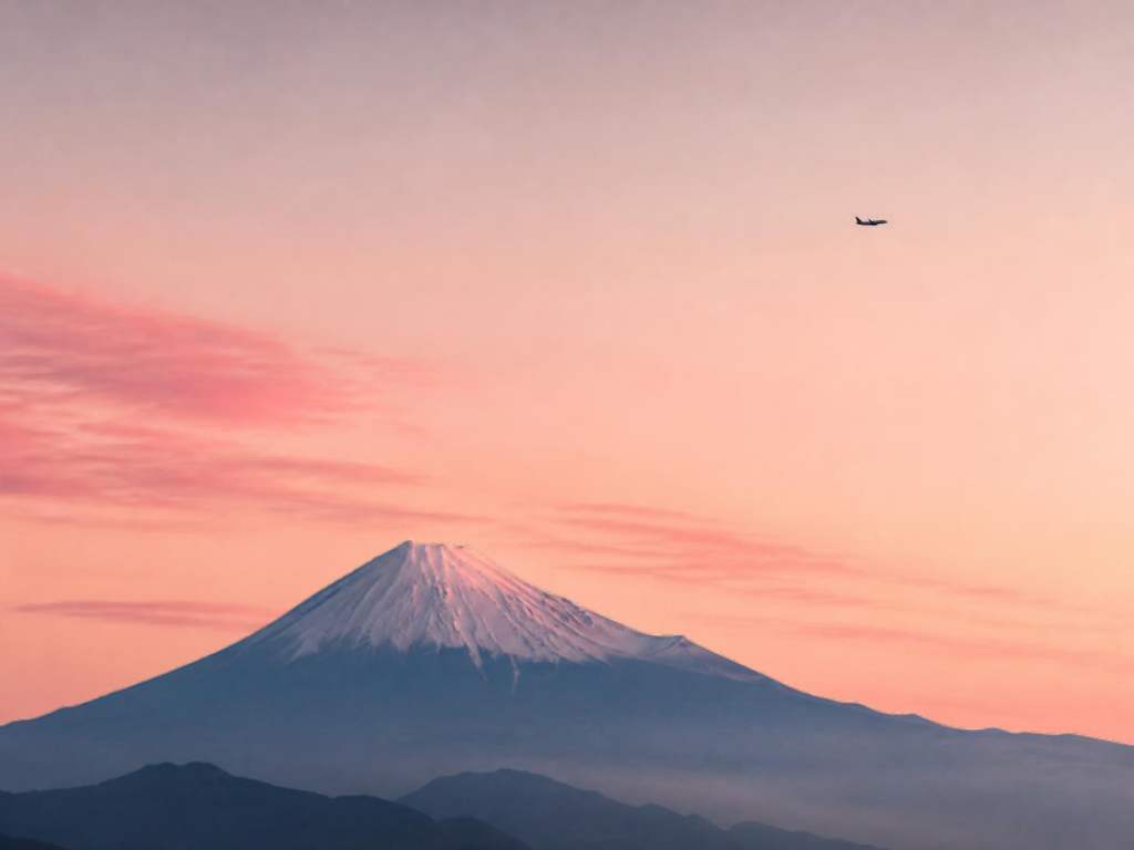 Mount Fuji at dawn with an airplane silhouette, cover for the Rove to JAL transfer bonus guide