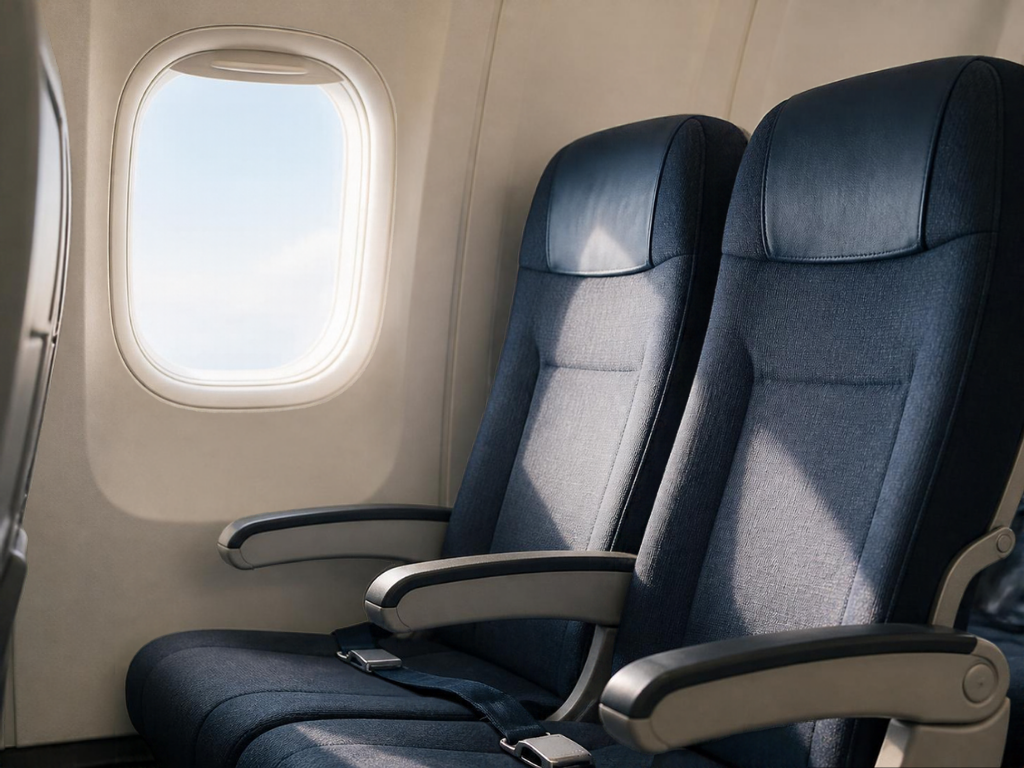 Two empty airplane seats by a cabin window, cover for the Southwest 2027 Companion Pass guide